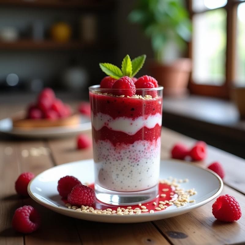 Puding de Chía y Leche de Avena con Capas de Frambuesa: Desayuno Sin Azúcar y Alto en Fibra