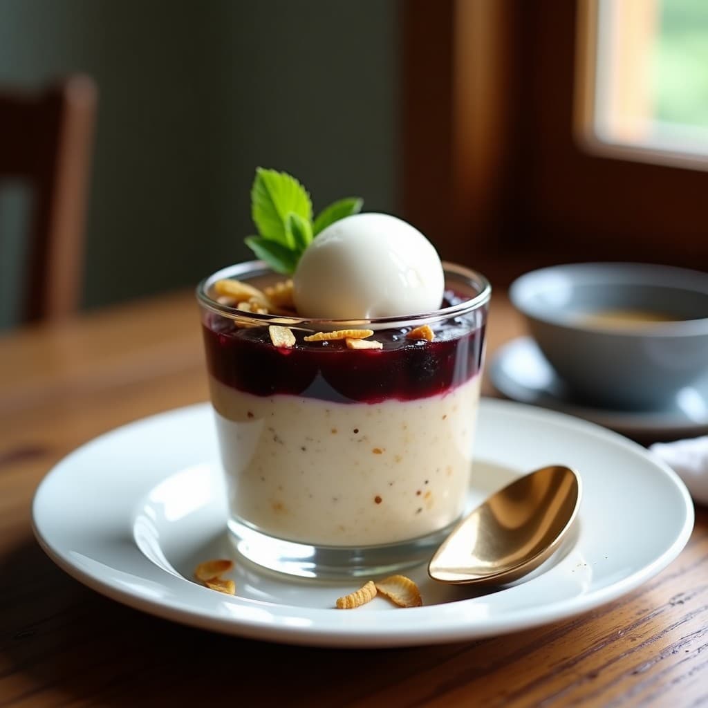 Pudín de Avena con Compota de Higos Negros y Helado de Yogur: Postre Francés Vegano