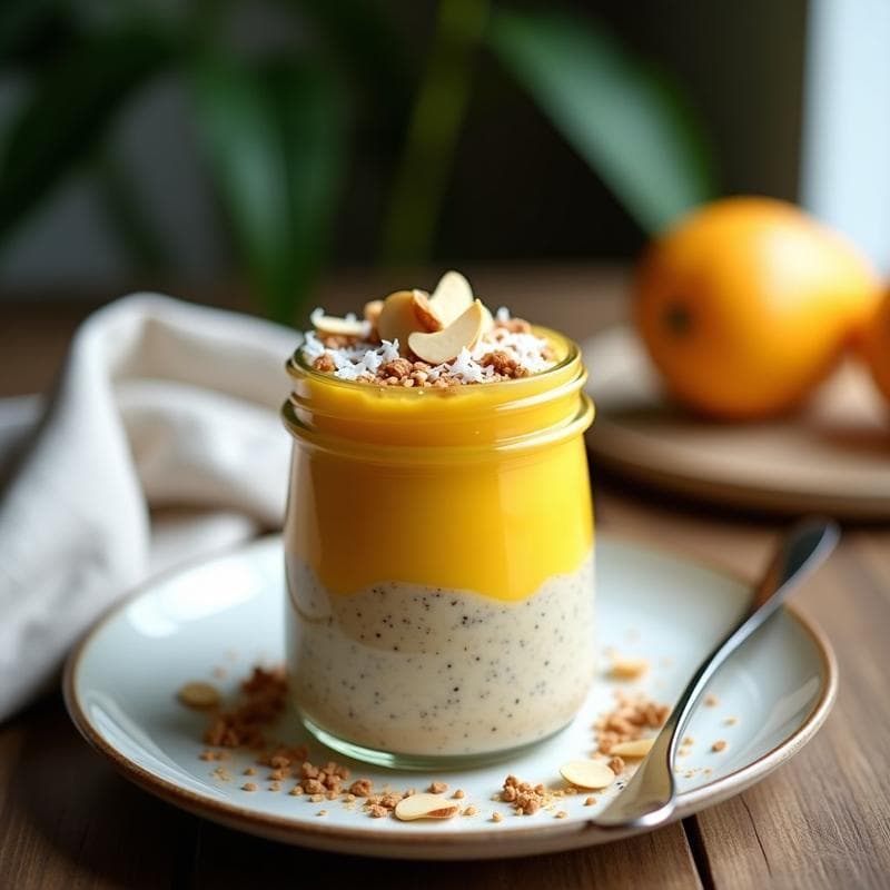 Pudín de Avena con Puré de Mango y Semillas de Chía: Desayuno Vegano en Tarro
