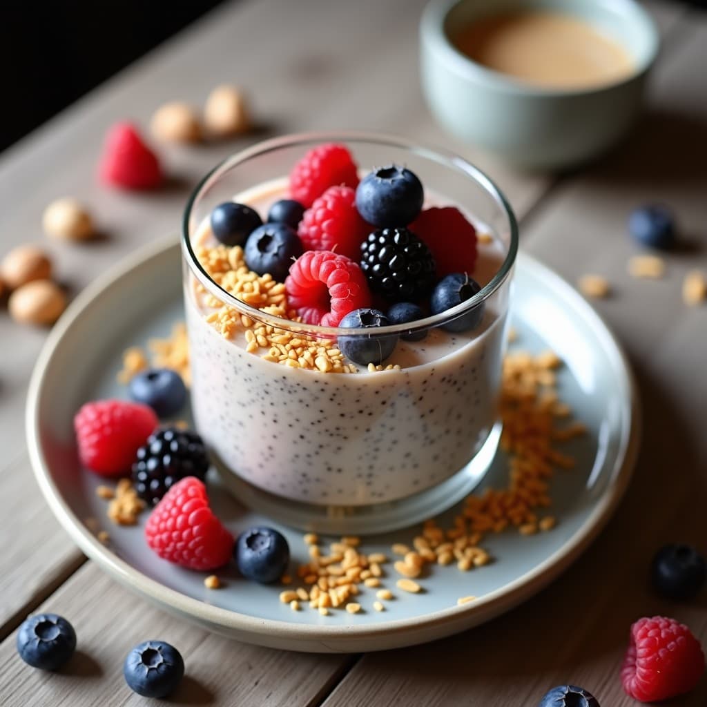 Pudín de Chía con Leche de Avellanas y Toppings de Frutas Silvestres: Postre Vegano y Keto
