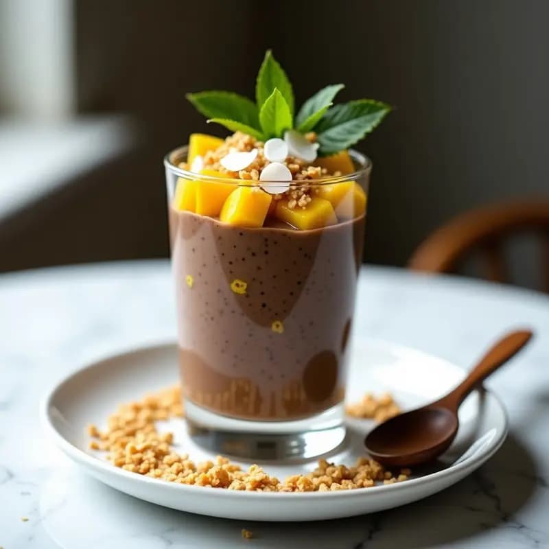 Pudín de Chía con Leche de Cacao y Toppings de Frutas Tropicales: Desayuno Instagramable