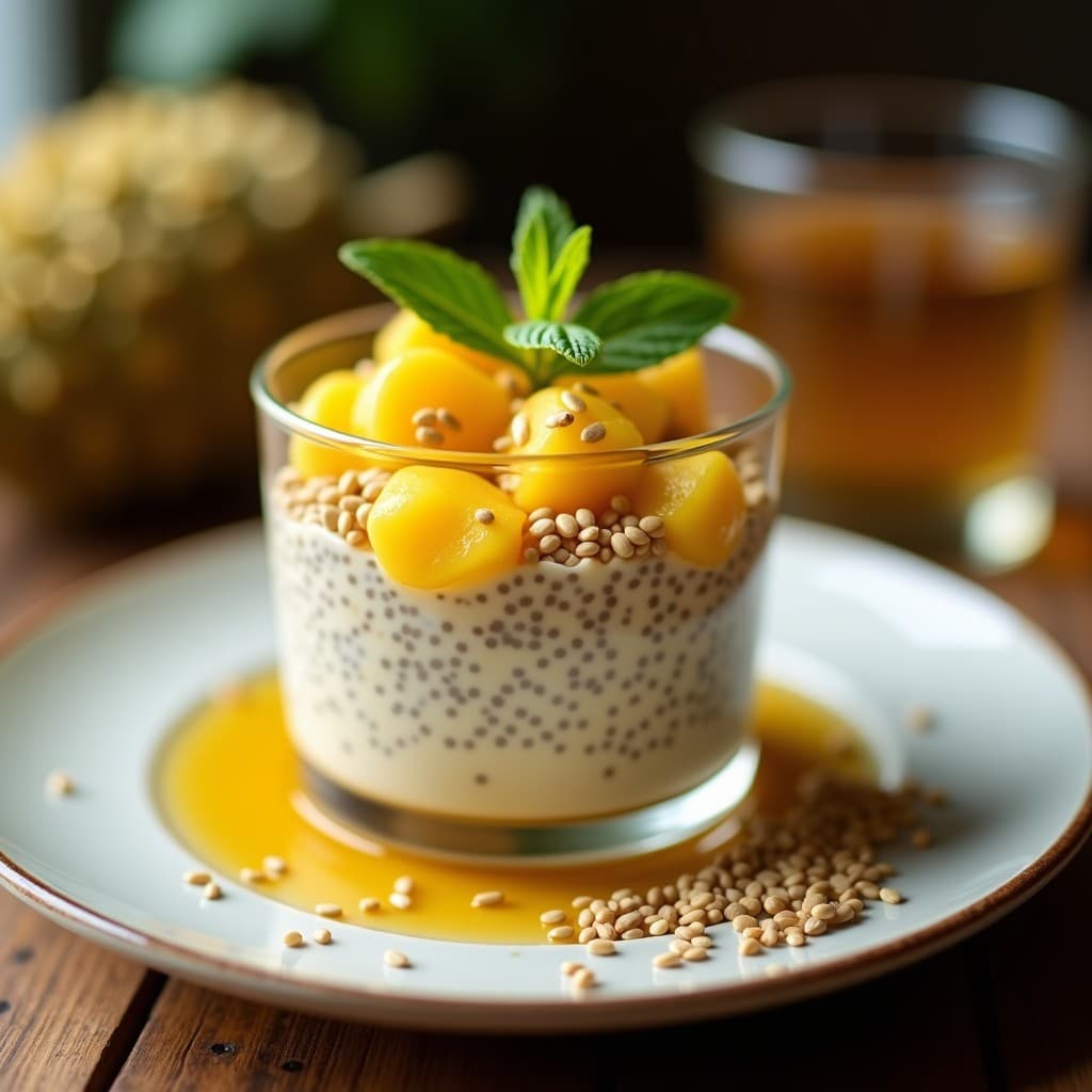 Pudín de Chía con Leche de Cúrcuma y Trozos de Durian: Postre Tailandés Alta en Fibra