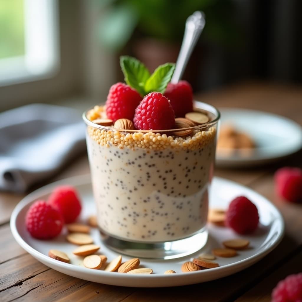 Pudín de Chía con Leche de Macadamia y Frambuesas: Desayuno Australiano Sin Gluten