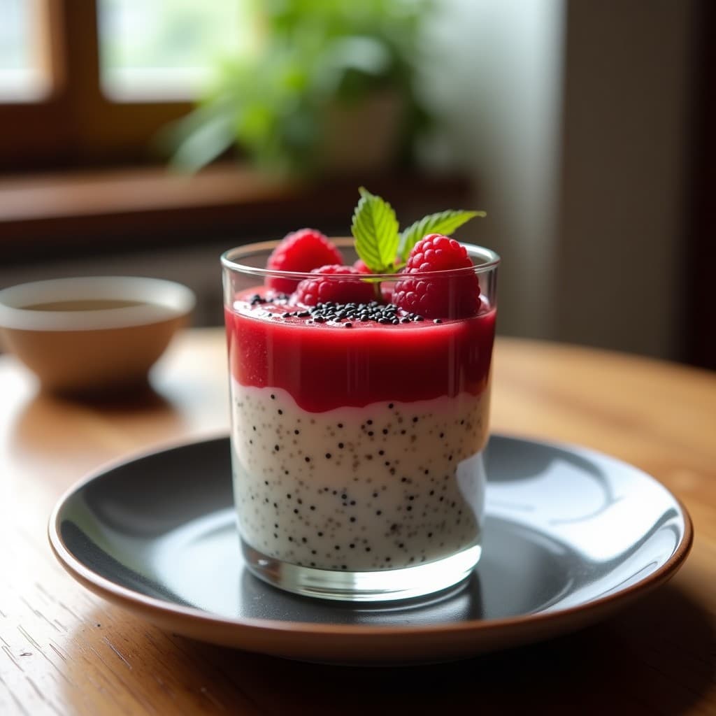 Pudín de Semillas de Chía y Leche de Mandorla con Couche de Frambuesa: Desayuno Sin Azúcar
