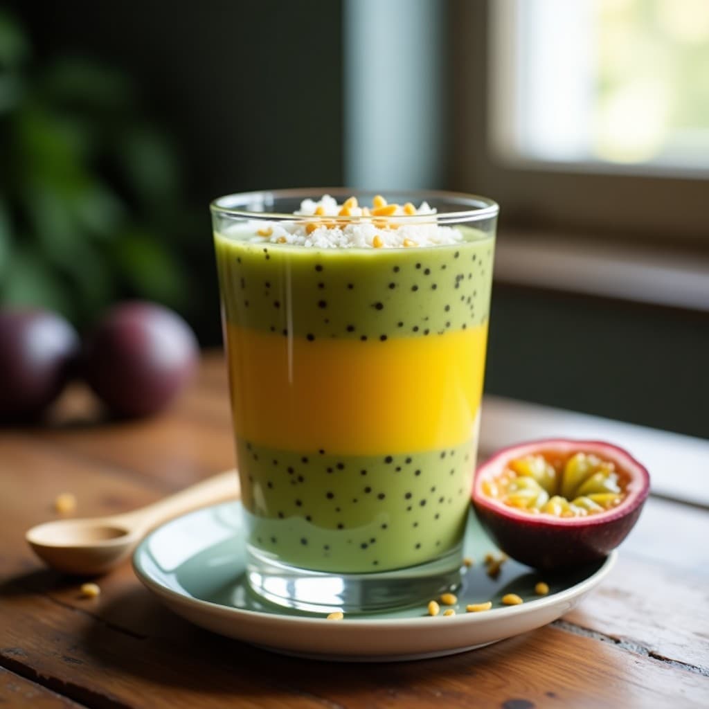Pudín de Chía con Leche de Matcha y Maracuyá: Postre Antioxidante Sin Cocción