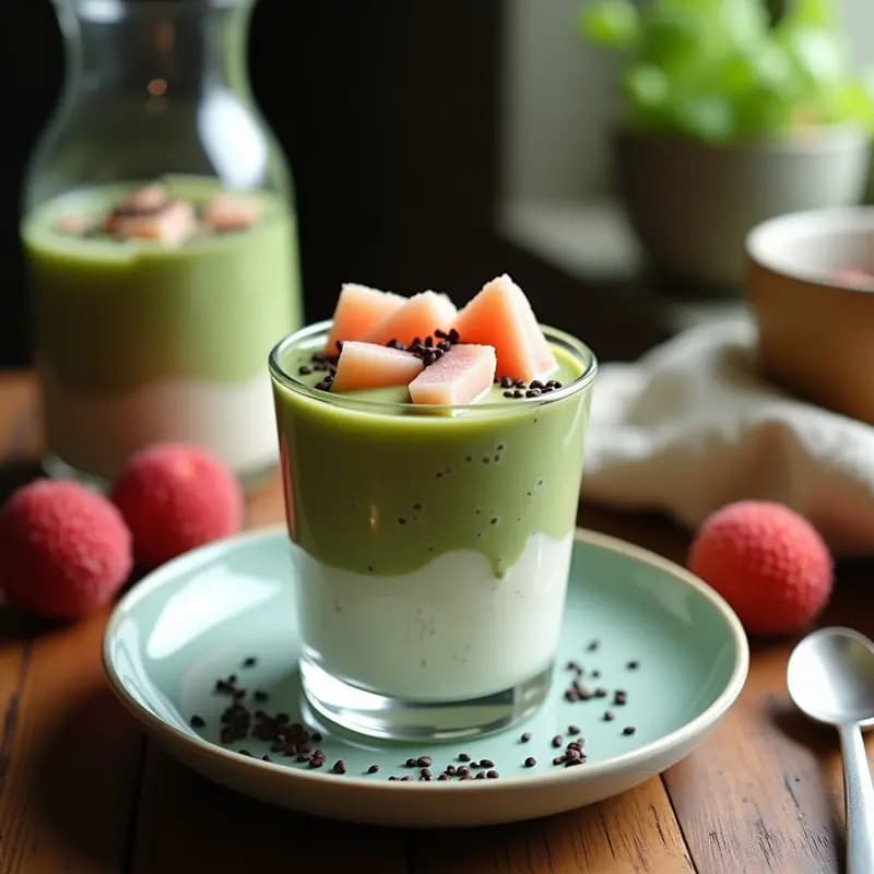 Pudín de Chía con Leche de Matcha y Trozos de Lichi: Postre Chino Alta en Antioxidantes