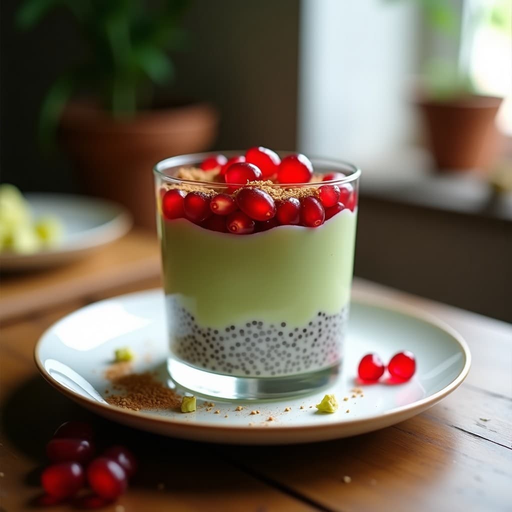 Pudín de Chía y Leche de Pistacho con Capas de Granadina: Postre Árabe Sin Azúcar y Sin Cocción