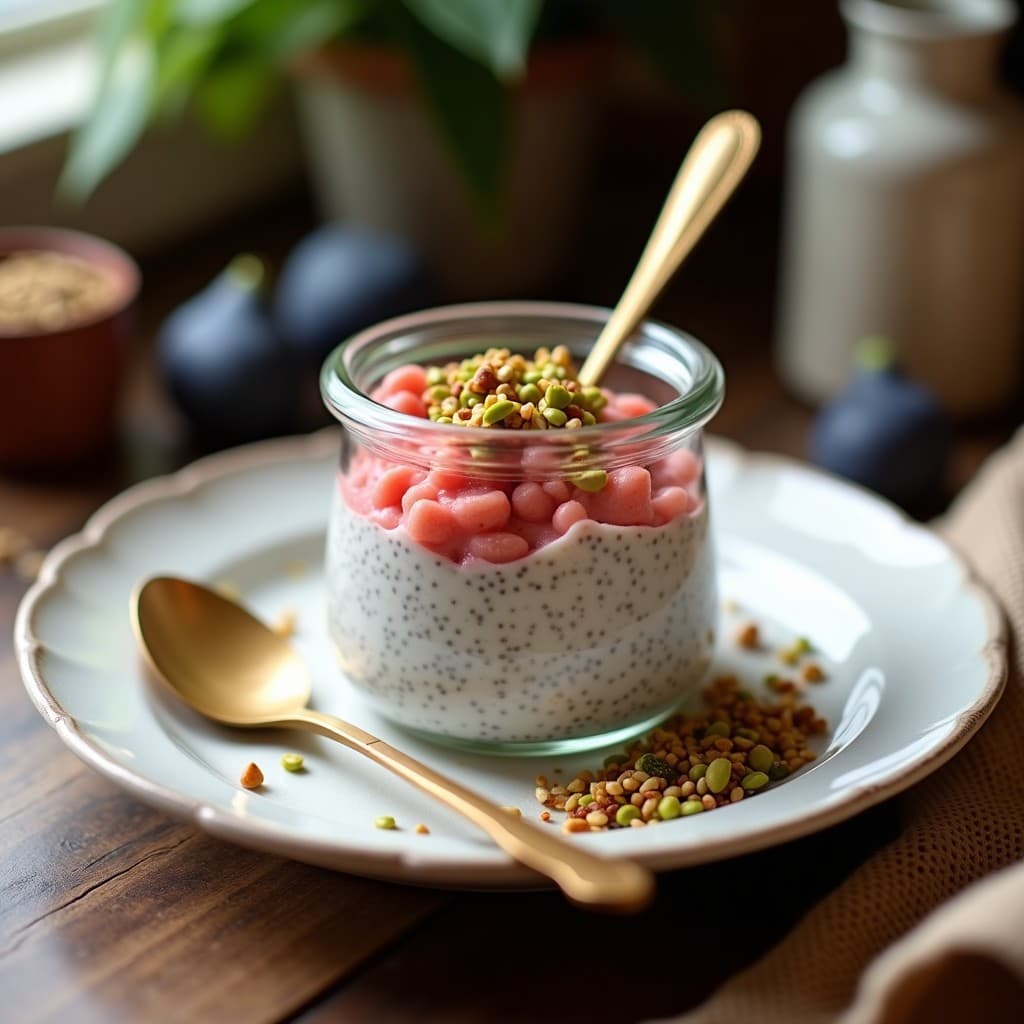 Pudín de Chía con Leche de Pistacho y Compota de Higos Chumbos: Desayuno Tunecino Overnight