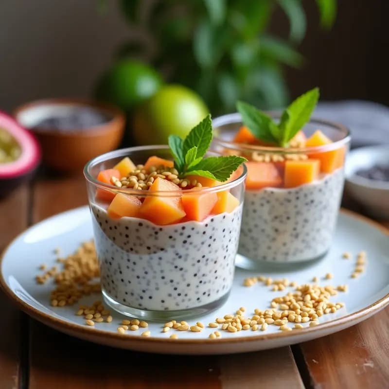 Pudín de Chía con Leche de Tigre: Postre Peruano-Japonés con Frutas Tropicales