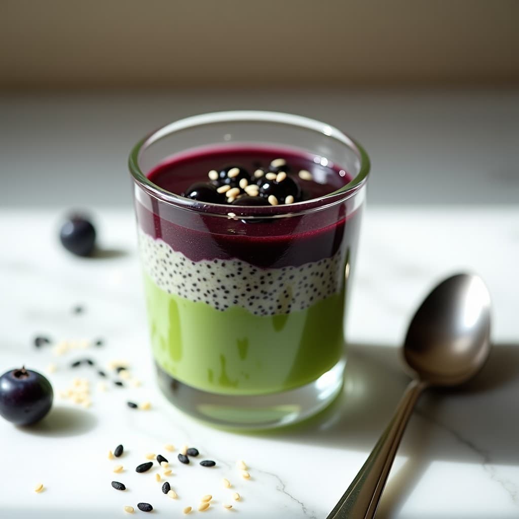 Pudín de Semillas de Chía y Matcha con Compota de Arándanos: Postre Vegano Antioxidante
