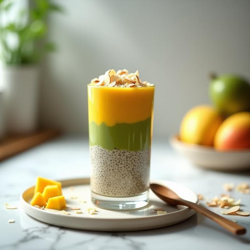 Pudín de Chía con Capas de Matcha y Mango: Desayuno o Postre Sin Cocción