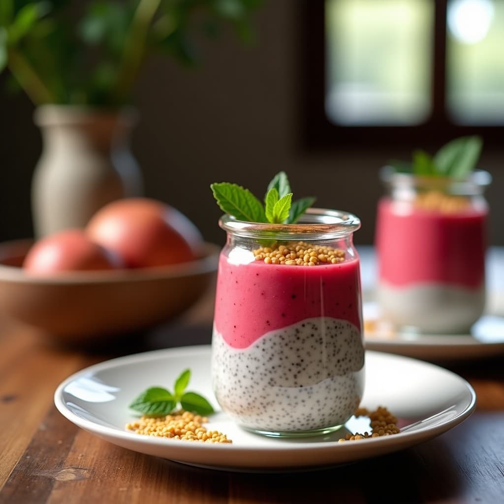 Pudín de Chía con Puré de Guayaba y Semillas de Amaranto: Postre Mexicano Vegano Overnight