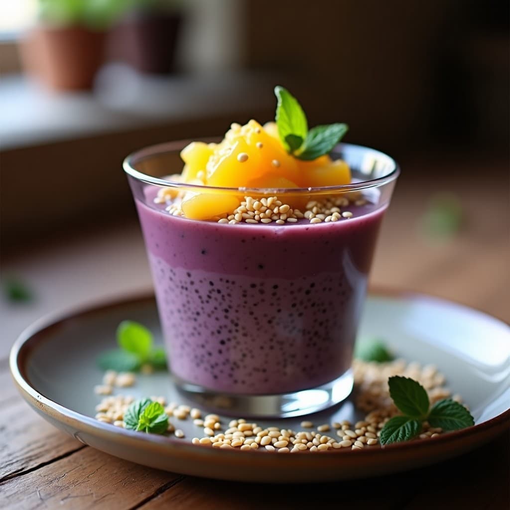 Pudín de Chía con Púrpura de Uva y Granadilla: Postre Antioxidante Sin Cocción