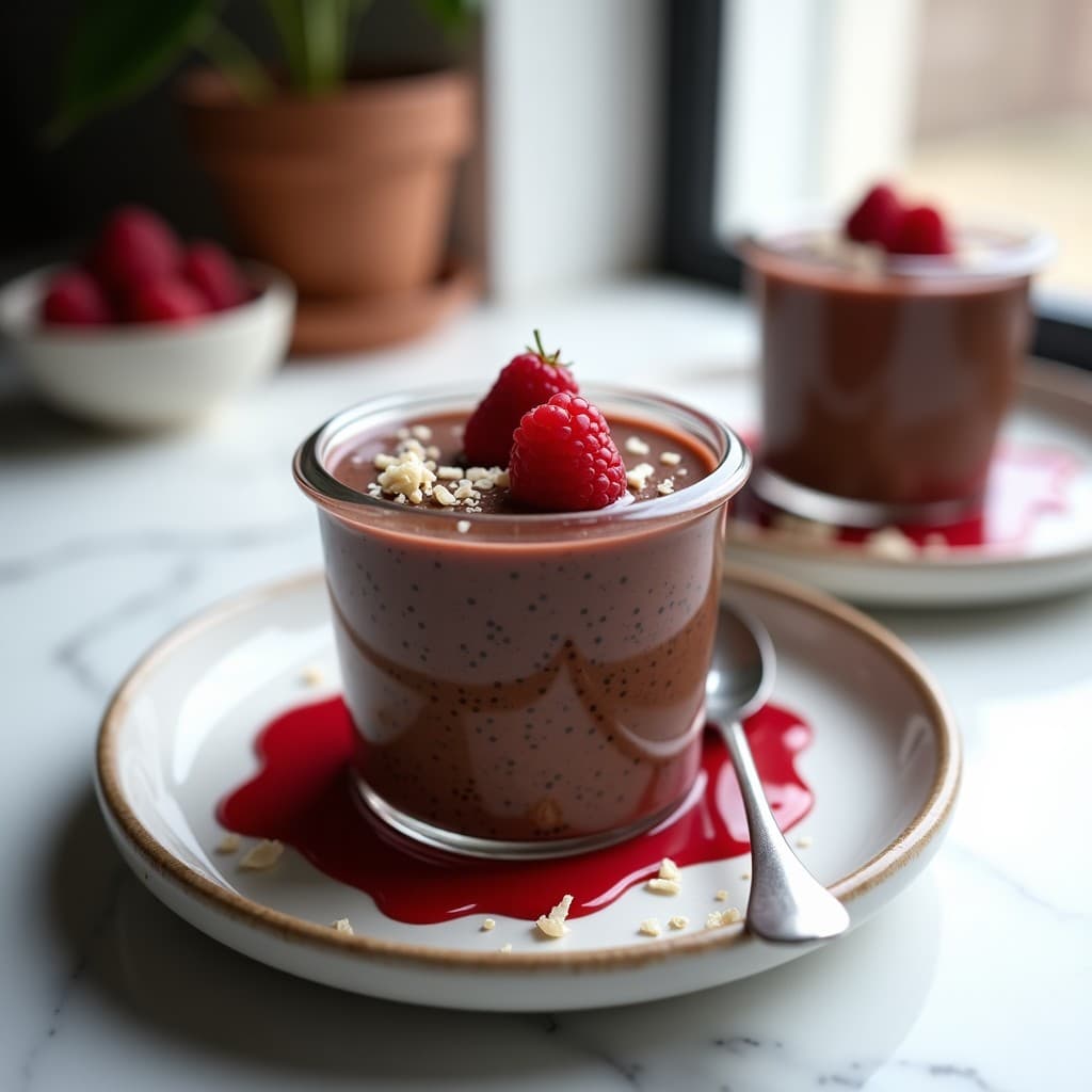 Pudín de Semillas de Lino y Cacao con Salsa de Frambuesa: Postre Crudivegano