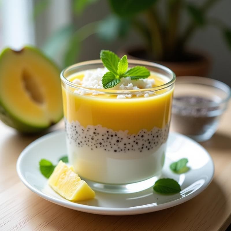 Pudín de Tapioca con Puré de Guanábana y Semillas de Chía: Desayuno Sin Lactosa y Tropical