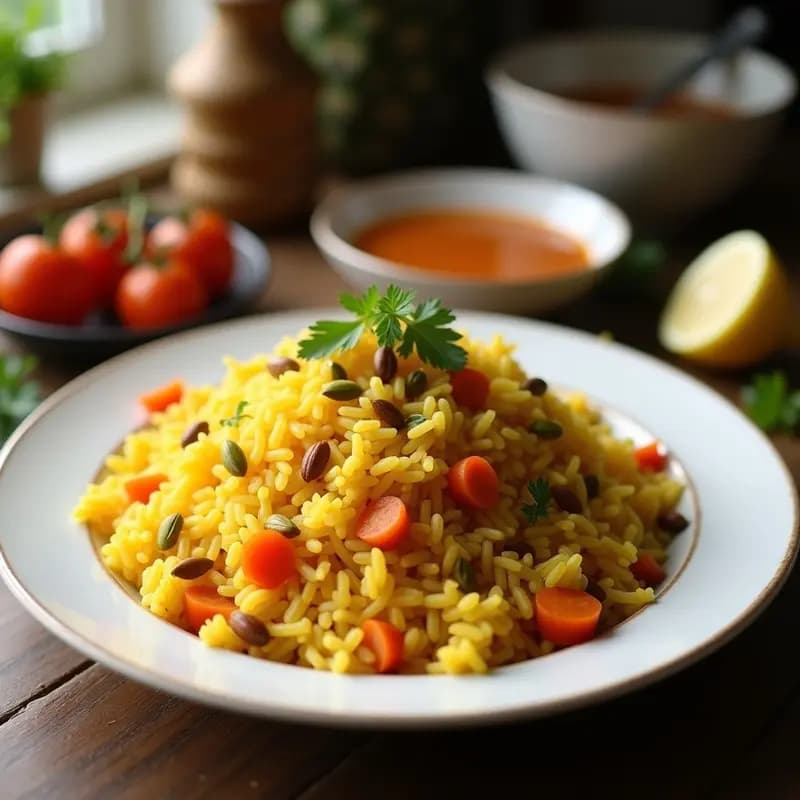 Pulav Persa con Azafrán, Pistachos y Zanahoria: Arroz Aromático y Económico en Olla