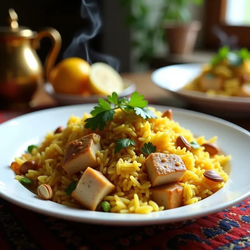 Pulav Iraní con Arroz Basmati y Azafrán: Receta Persa con Pollo y Frutos Secos