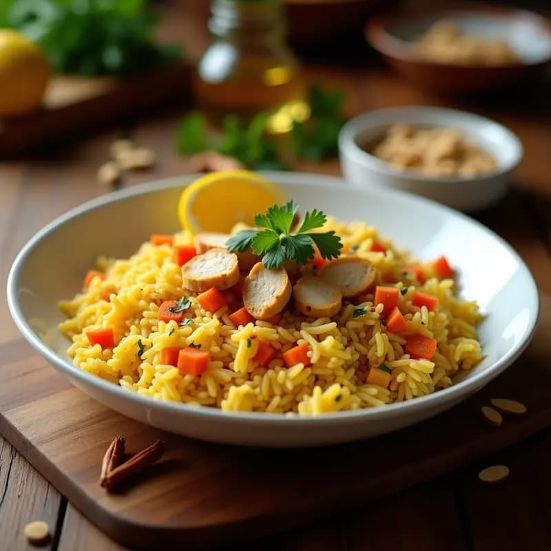 Pulav Iraní con Azafrán y Almendras: Arroz Aromatizado con Pollo y Zanahoria