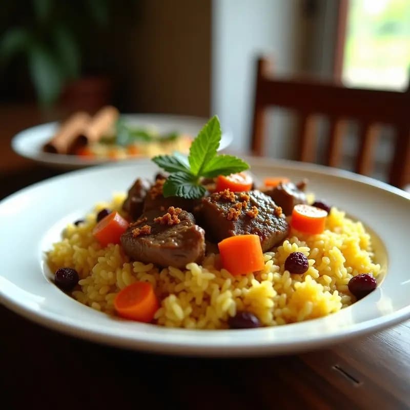 Pulav Iraní con Carne de Cordero y Zanahorias: Arroz Aromático con Azafrán y Canela