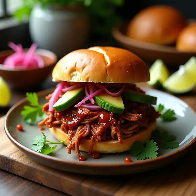 Pulled Pork al Estilo Tex-Mex: Carne de Cerdo Desmenuzada con Salsa Barbacoa y Pan de Brioche