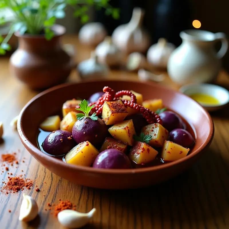 Pulpo al Ajillo con Patata Púrpura: Receta Española con Toque Gourmet