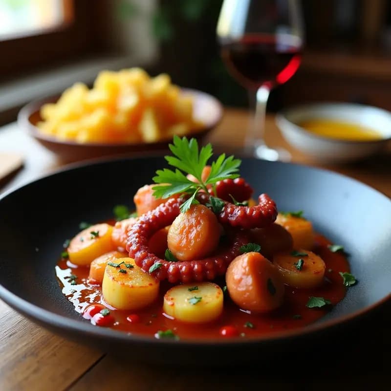 Pulpo al Ajillo con Patatas Brava: Tapa Española de Fusion en Sartén