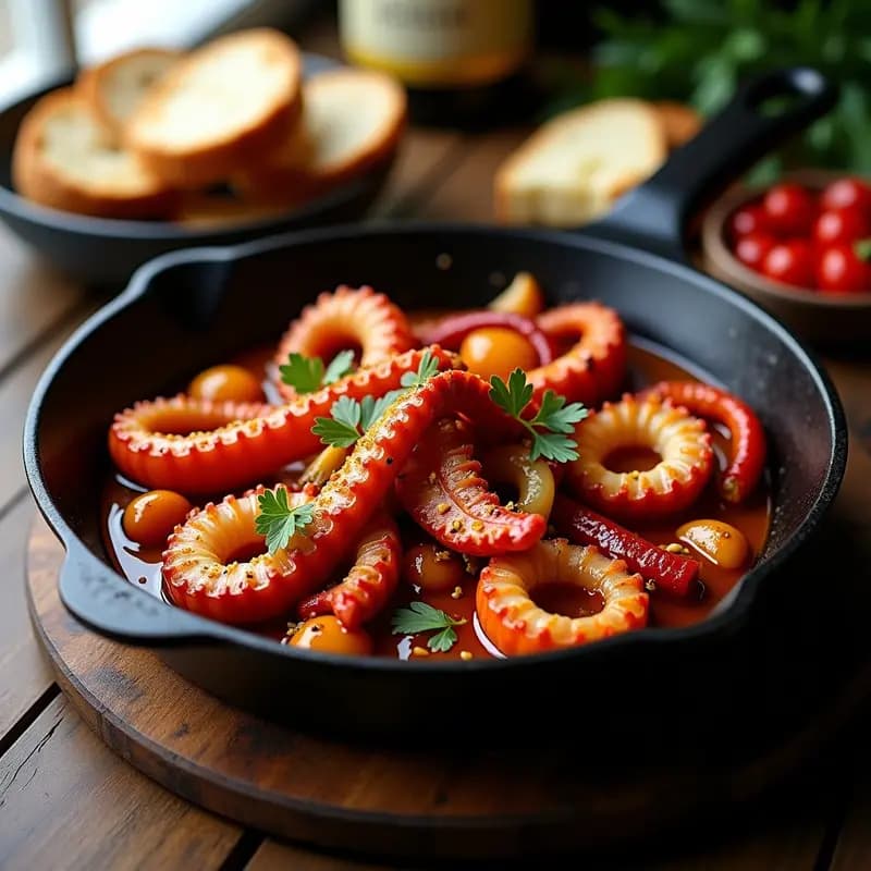 Pulpo al Ajillo con Pimentones del Padrón: Receta Española en Sartén en 10 Minutos