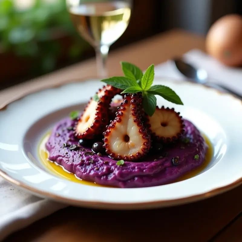 Pulpo al Olivo con Puré de Patatas Moradas: Receta Portuguesa Gourmet