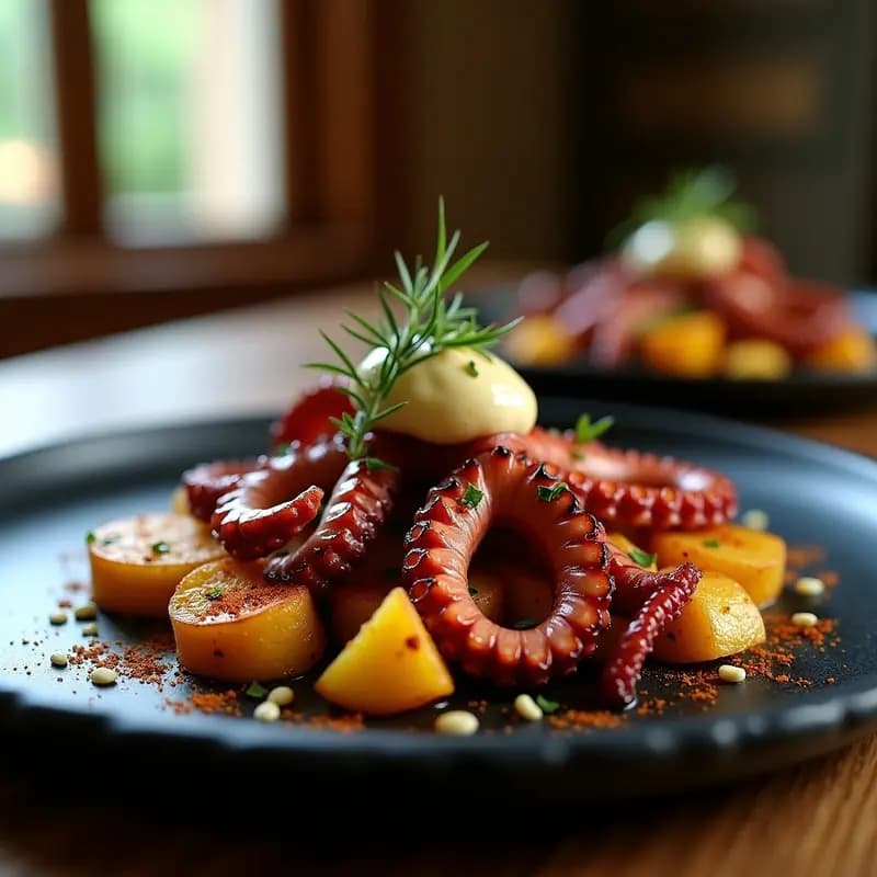 Pulpo a la Brasa con Papas Doradas y Alioli de Ajo Negro: Receta Española de Star