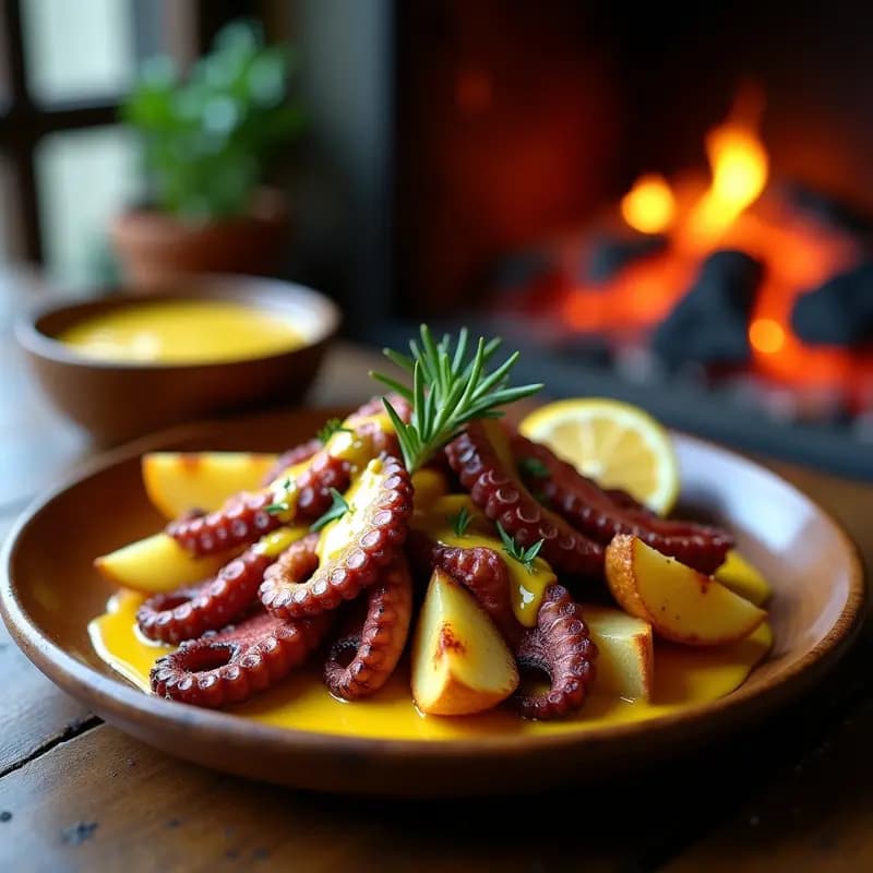 Pulpo a la Brasa con Papas Doradas y Alioli de Azafrán: Receta Gallega Gourmet en Parrilla