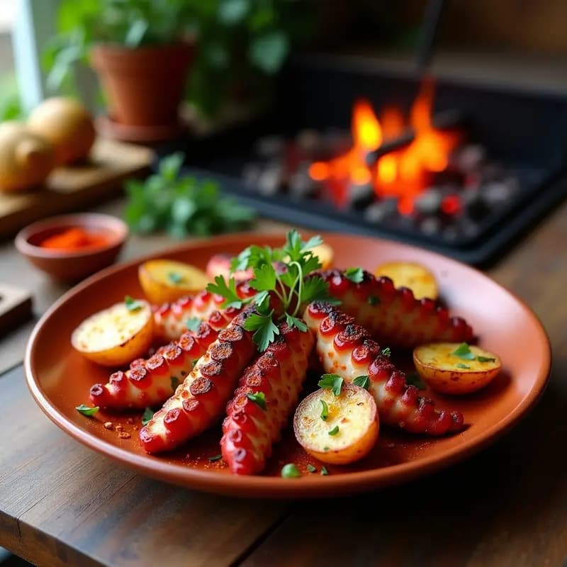 Pulpo a la Brasa con Pimentón de la Vera y Patata Panadera: Receta Española en Parrilla