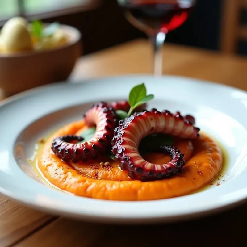 Pulpo a la Brasa con Puré de Batata y Romesco: Receta Española Gourmet en Grill