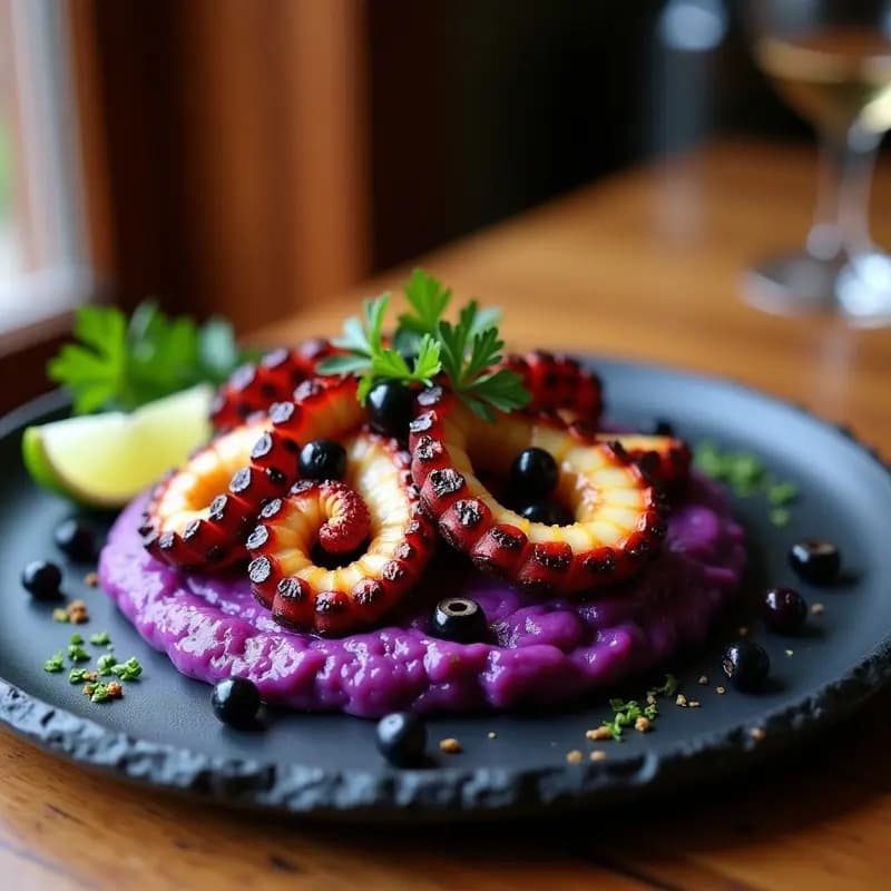 Pulpo a la Brasa con Puré de Patata Morada: Receta Peruana Fusion en Grill