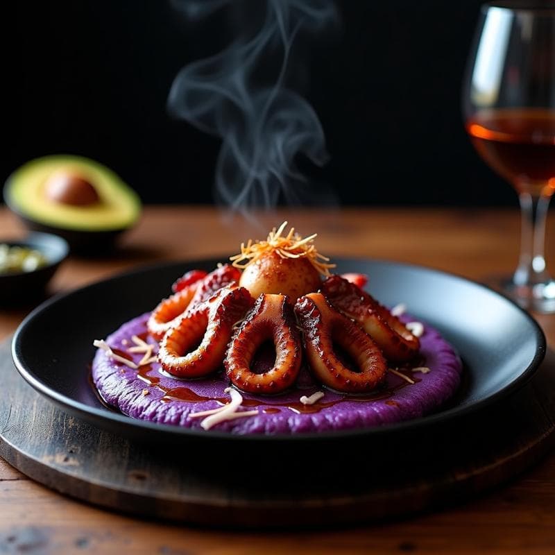 Pulpo a la Brasa con Púrpura de Papa y Aceite de Oliva Negra: Receta Peruana en Olla Express