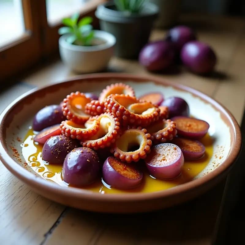 Pulpo a la Gallega con Patatas Violáceas y Pimentón de la Vera: Receta Gourmet Sin Lactosa