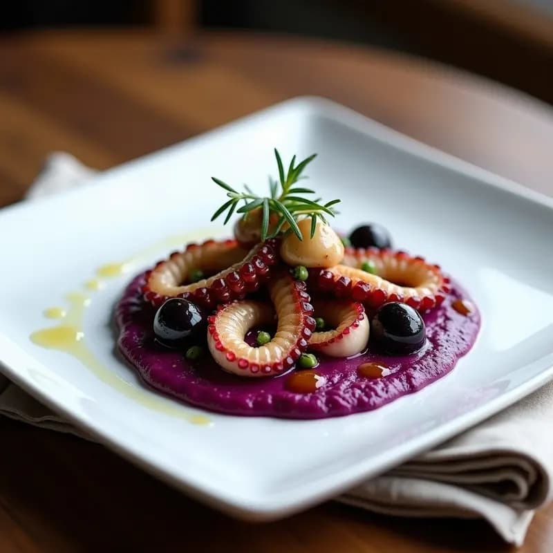 Pulpo al Olivo con Puré de Patata Morada: Receta Griega Gourmet con Toque Peruano