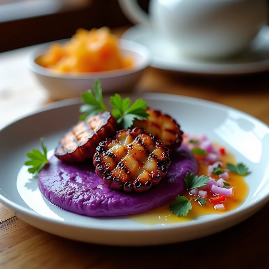 Pulpo a la Parrilla con Pure de Batata Morada y Salsa de Cítricos: Receta Peruana en Airfryer