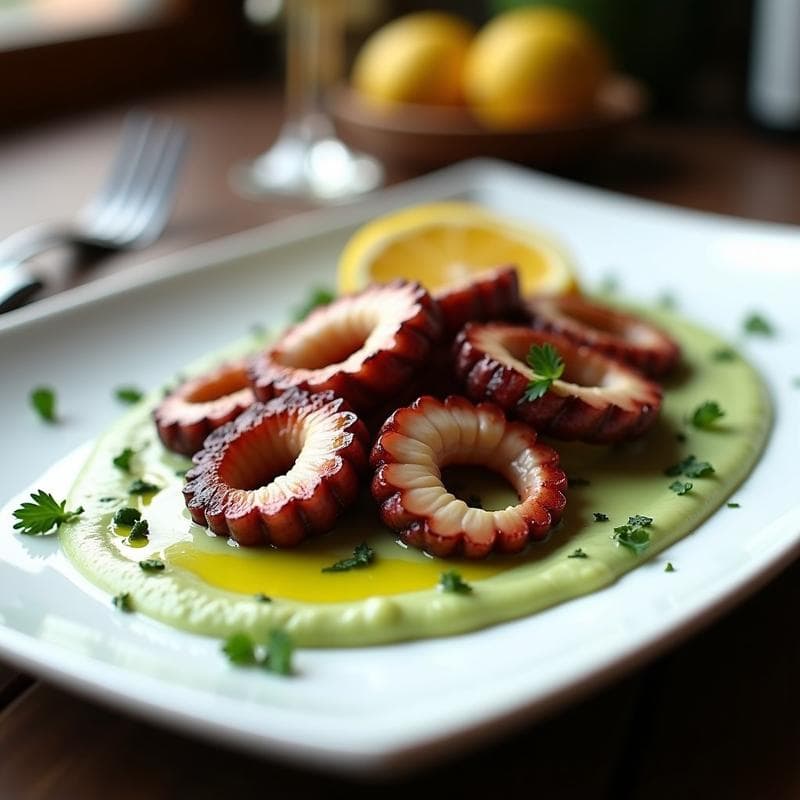 Pulpo a la Parrilla con Puré de Habas y Aceite de Oliva Picual: Receta Española Gourmet en 30 Minutos