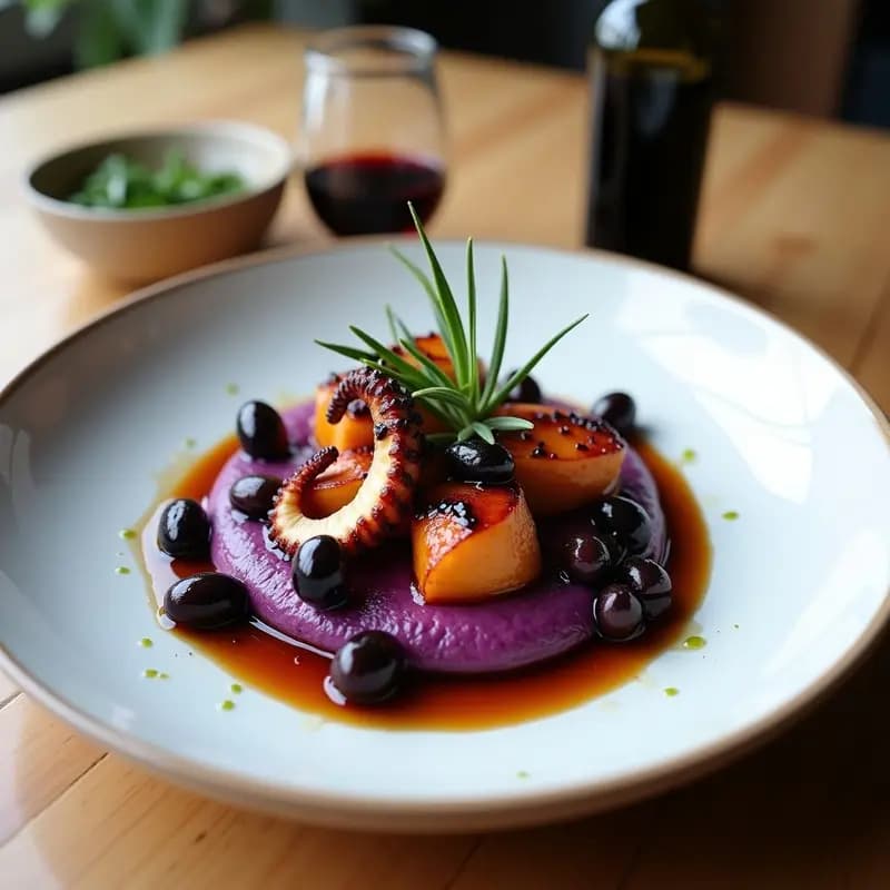 Pulpo a la Parrilla con Puré de Patata Morada y Aceitunas Kalamata: Receta Mediterránea Gourmet