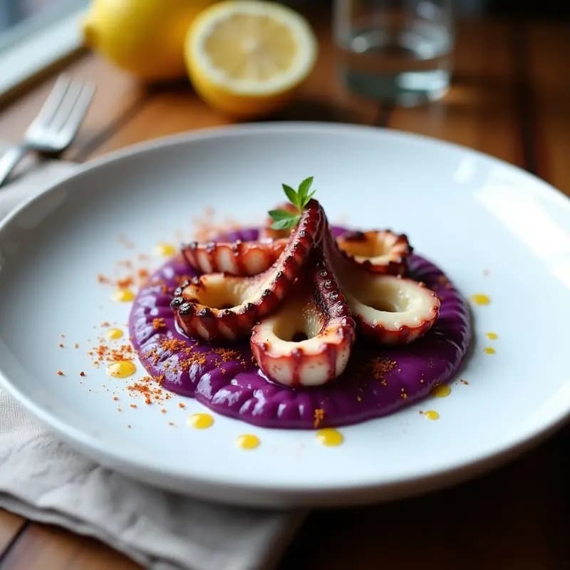 Pulpo a la Plancha con Puré de Batata Morada y Pimentón: Receta gallega gourmet