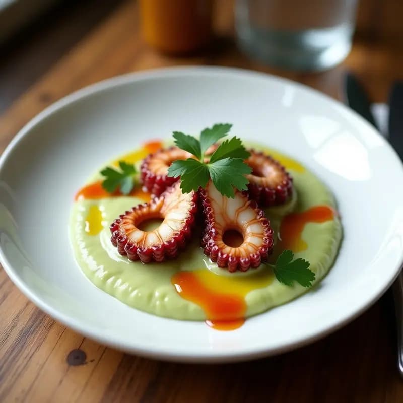 Pulpo a la Plancha con Puré de Habas y Aceite de Pimentón: Receta Española Baja en Calorías con Toque Moderno