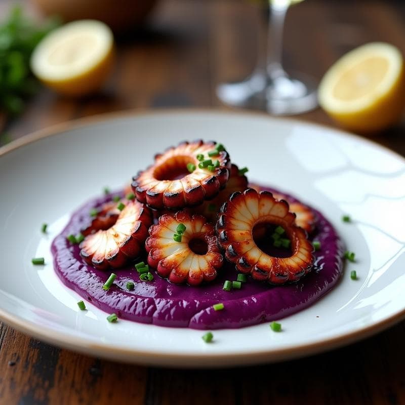 Pulpo a la Plancha con Puré de Patata Morada: Receta Española Alta en Omega-3