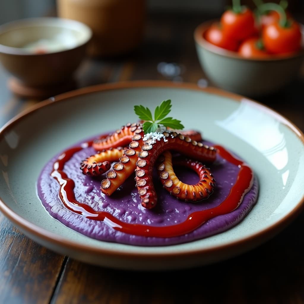 Pulpo a la Plancha con Puré de Patata Morada y Aceite de Pimentón: Receta Galleta en 25 Minutos