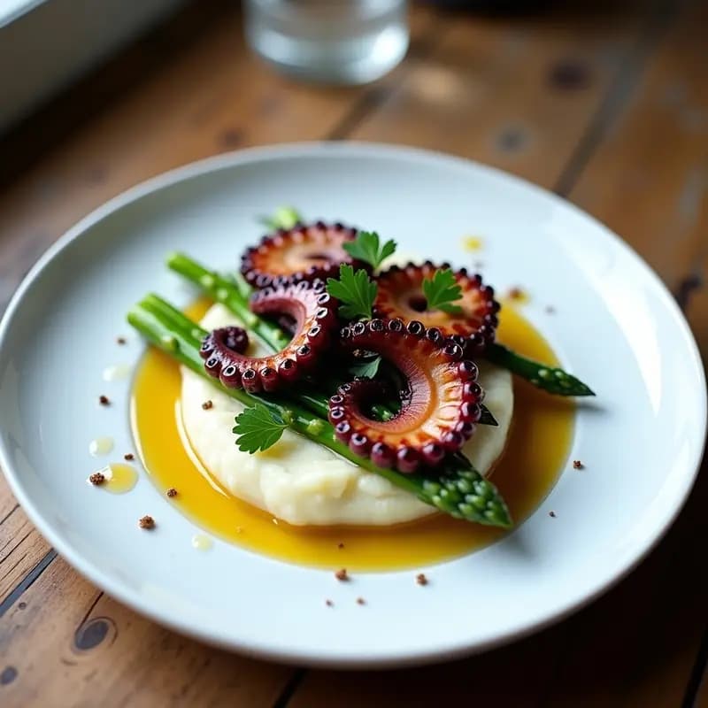Pulpo a la Plancha con Puré de Patata Trufado y Espárragos: Receta Gourmet Nueva Zelandesa en 20 Minutos