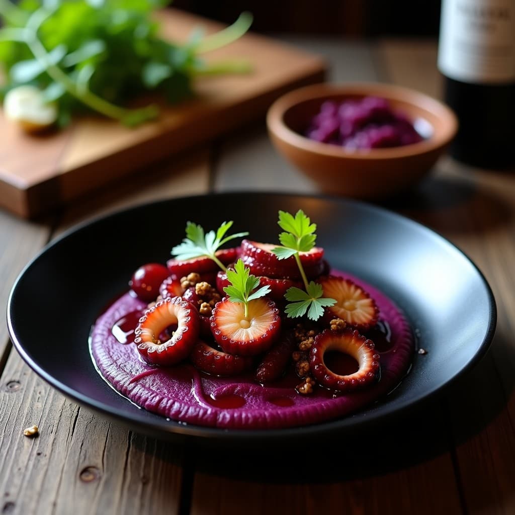 Pulpo al Vino Tinto con Puré de Ñame Morado: Receta Colombiana Gourmet en Olla Exprés
