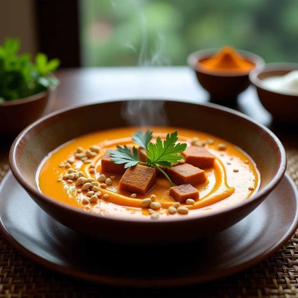 Puré de Batata y Cúrcuma con Trozos de Tempeh Ahumado: Receta Indonesia en Olla Exprés