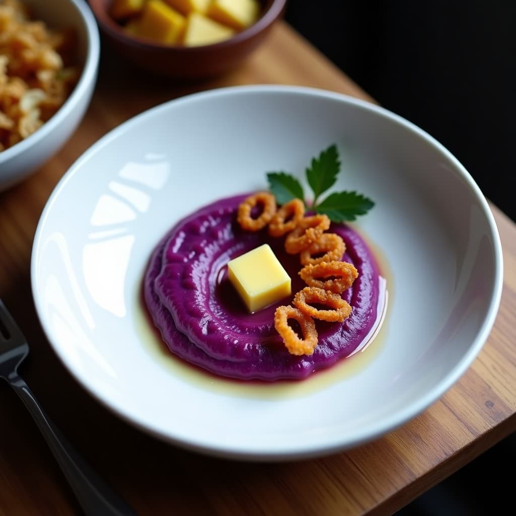 Puré de Batata Morada con Crujiente de Cebolla y Mantequilla de Ajo: Receta en Airfryer