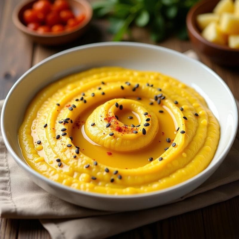 Puré de Coliflor y Añil con Swirl de Aceite de Oliva Virgen: Receta Islámica Tradicional y Colorida