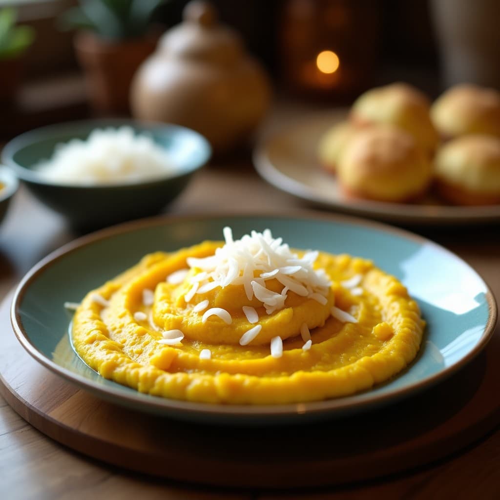 Purée de Coliflor y Cúrcuma con Virutas de Coco: Acompañamiento Keto y Antiinflamatorio