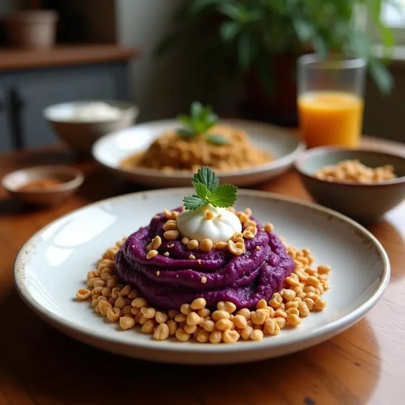 Puré de Ñame Morado y Coco con Crujiente de Cacahuete: Aperitivo Filipino en Airfryer